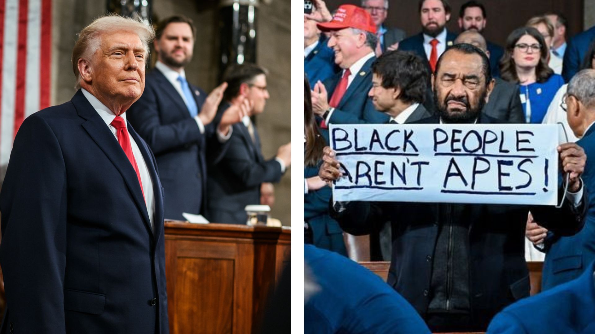As President Trump, 79, walked up to the podium to give his speech at the Capitol in Washington, D.C. on February 24, cameras were focused on him. But before he could start, the scene shifted. Texas Congressman Al Green stopped the proceedings to hold up a banner that said, "Black people are not apes."