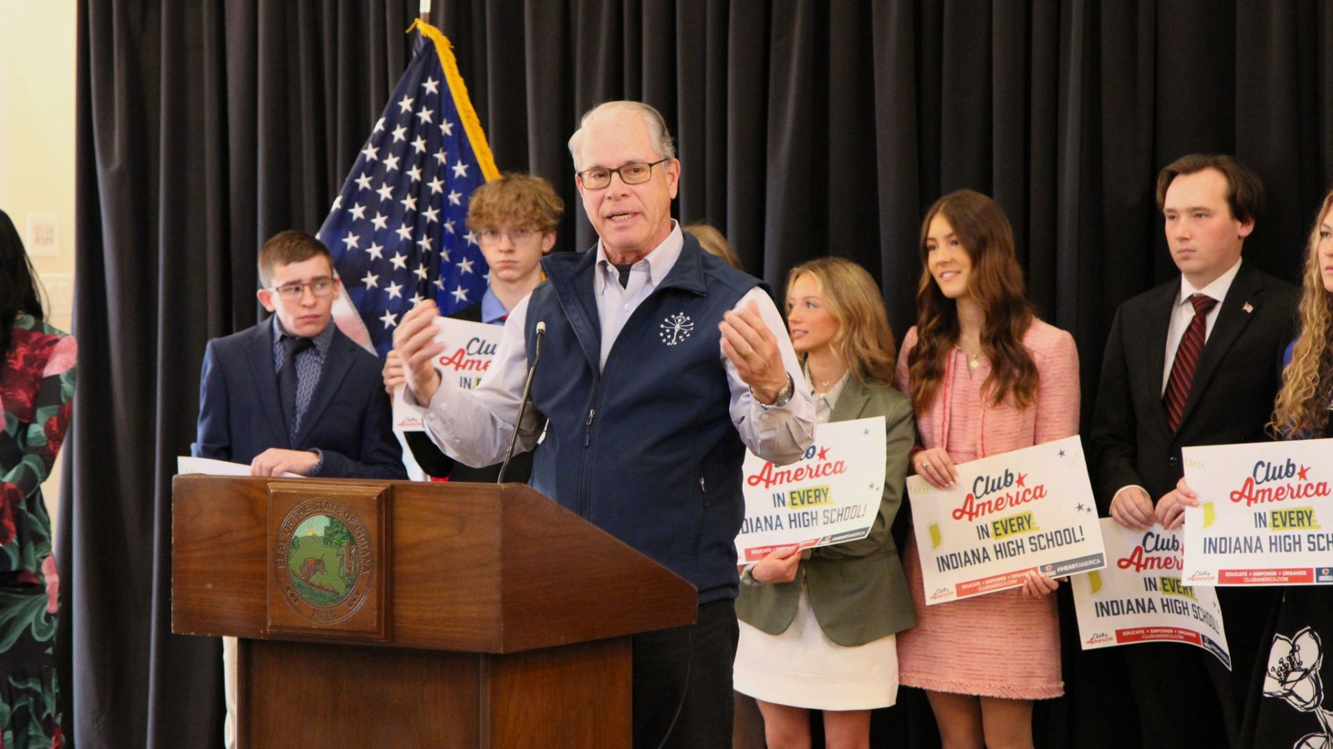 Indiana Governor Mike Braun joined members of Turning Point USA for a public event highlighting the importance of protecting free expression and encouraging open dialogue across the state’s schools and universities